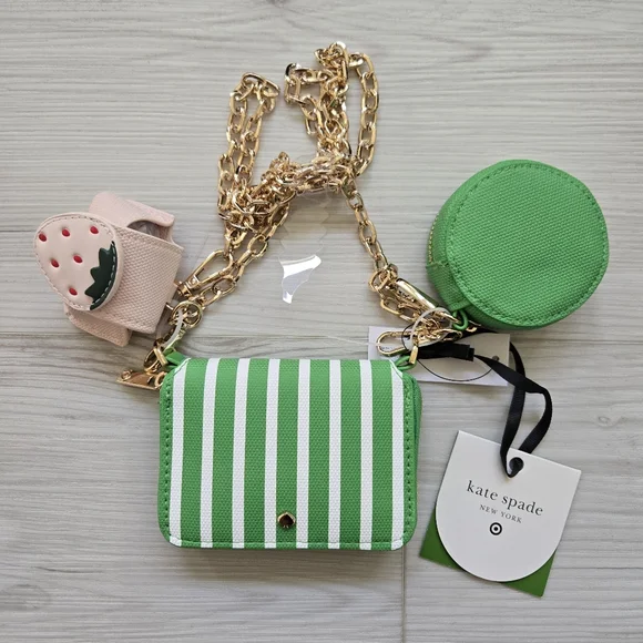 *New* Kate Spade ♠️ Green & White Striped Mini Crossbody Bag with Chain - Picture 2 of 9